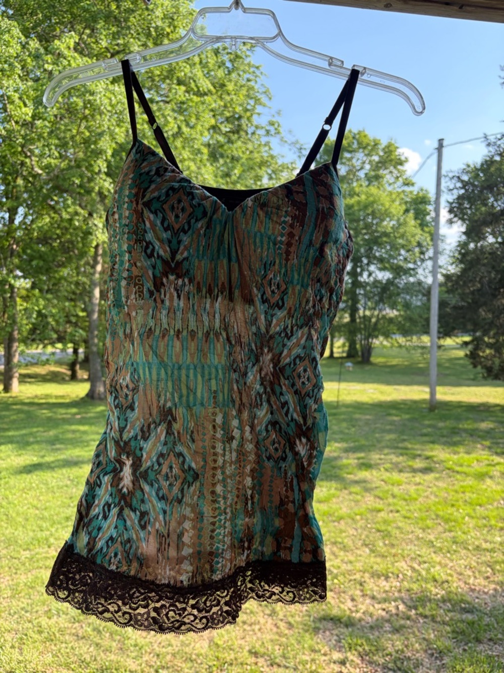 new directions Teal Brown Patterned Lace-Trim Camisole